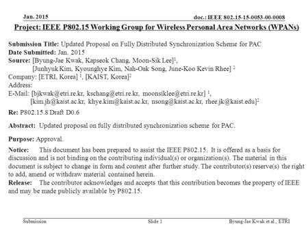 Doc.: IEEE 802.15-15-0053-00-0008 Submission Jan. 2015 Byung-Jae Kwak et al., ETRISlide 1 Project: IEEE P802.15 Working Group for Wireless Personal Area.