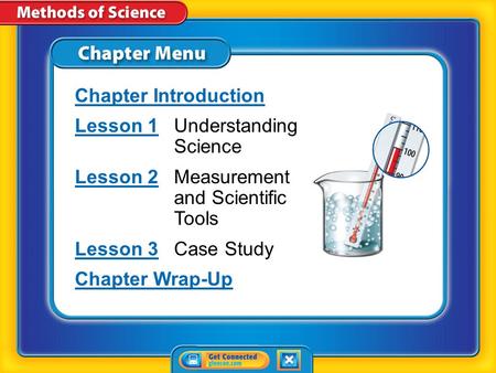 Chapter Menu Chapter Introduction Lesson 1Lesson 1Understanding Science Lesson 2Lesson 2Measurement and Scientific Tools Lesson 3Lesson 3Case Study Chapter.