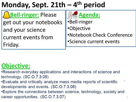 Monday, Sept. 21th – 4 th period 1 Bell-ringer: Please get out your notebooks and your science current events from Friday. Agenda: Bell-ringer Objective.
