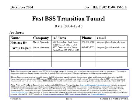 Doc.: IEEE 802.11-04/1565r0 Submission December 2004 Haixiang He, Nortel NetworksSlide 1 Fast BSS Transition Tunnel Notice: This document has been prepared.
