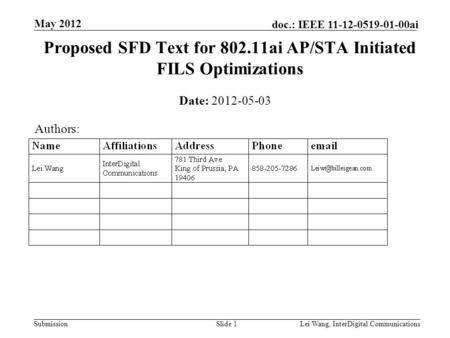 Submission doc.: IEEE 11-12-0519-01-00ai May 2012 Lei Wang, InterDigital CommunicationsSlide 1 Proposed SFD Text for 802.11ai AP/STA Initiated FILS Optimizations.