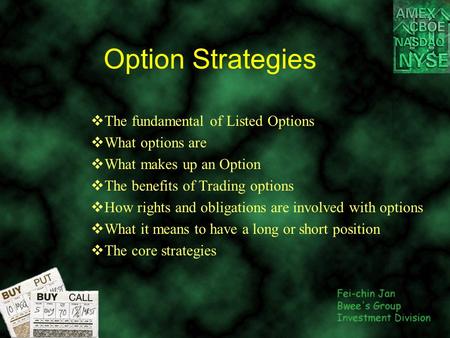 Option Strategies  The fundamental of Listed Options  What options are  What makes up an Option  The benefits of Trading options  How rights and obligations.
