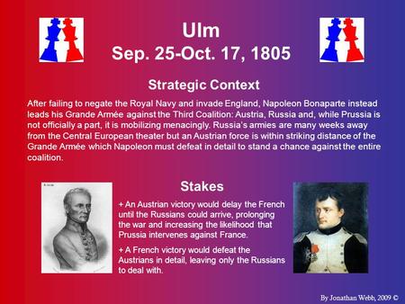 Ulm Sep. 25-Oct. 17, 1805 Strategic Context After failing to negate the Royal Navy and invade England, Napoleon Bonaparte instead leads his Grande Armée.