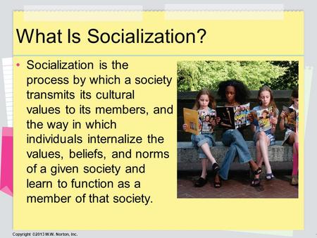 What Is Socialization? Socialization is the process by which a society transmits its cultural values to its members, and the way in which individuals.