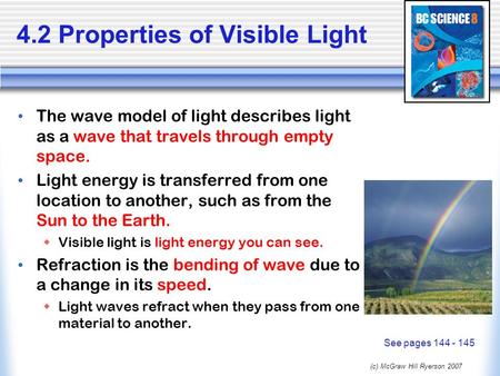 (c) McGraw Hill Ryerson 2007 4.2 Properties of Visible Light The wave model of light describes light as a wave that travels through empty space. Light.