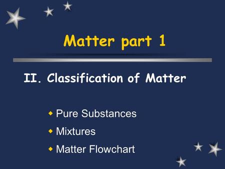 Matter part 1 II. Classification of Matter  Pure Substances  Mixtures  Matter Flowchart.
