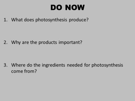 DO NOW 1.What does photosynthesis produce? 2.Why are the products important? 3.Where do the ingredients needed for photosynthesis come from?