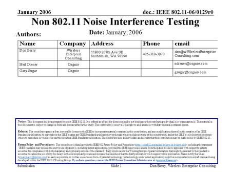 Doc.: IEEE 802.11-06/0129r0 Submission January 2006 Don Berry, Wireless Enterprise ConsultingSlide 1 Non 802.11 Noise Interference Testing Notice: This.