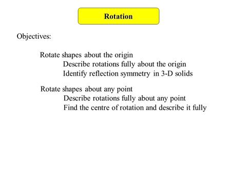 Rotation Objectives: Rotate shapes about the origin Describe rotations fully about the origin Identify reflection symmetry in 3-D solids Rotate shapes.