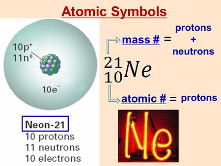 Mass # atomic # protons + neutrons = protons = Atomic Symbols.
