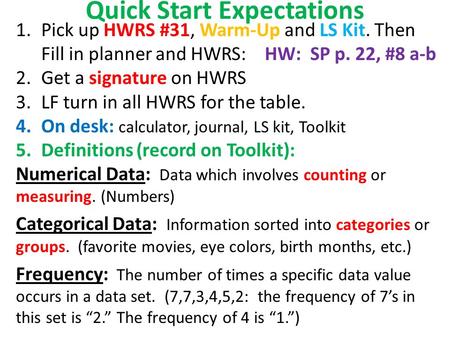 Quick Start Expectations 1.Pick up HWRS #31, Warm-Up and LS Kit. Then Fill in planner and HWRS: HW: SP p. 22, #8 a-b 2.Get a signature on HWRS 3.LF turn.