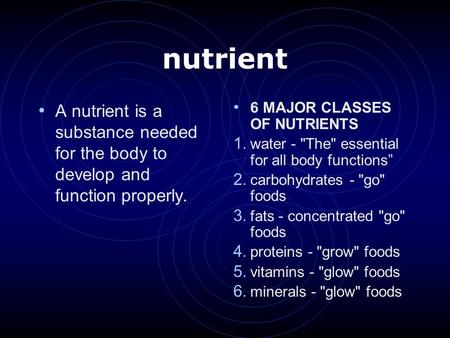 Nutrient A nutrient is a substance needed for the body to develop and function properly. 6 MAJOR CLASSES OF NUTRIENTS 1. water - The essential for all.