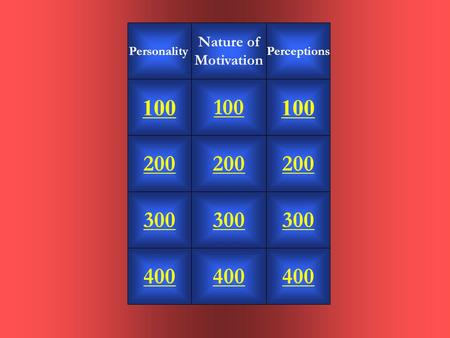 100 200 300 Nature of Motivation 400 200 100 Perceptions 300 400 200 100 Personality 300 400.