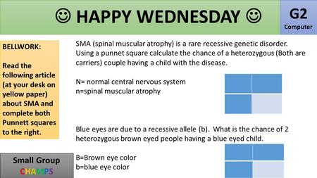 SMA (spinal muscular atrophy) is a rare recessive genetic disorder. Using a punnet square calculate the chance of a heterozygous (Both are carriers) couple.