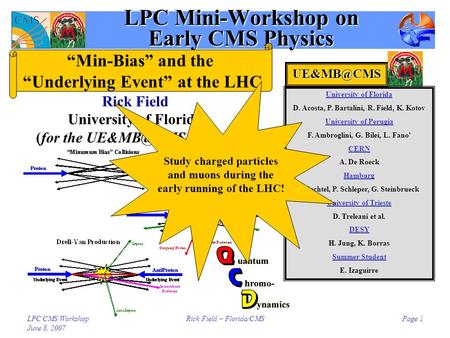 LPC CMS Workshop June 8, 2007 Rick Field – Florida/CMSPage 1 LPC Mini-Workshop on Early CMS Physics Rick Field University of Florida (for the.