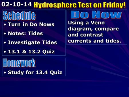 Turn in Do Nows Turn in Do Nows Notes: Tides Notes: Tides Investigate Tides Investigate Tides 13.1 & 13.2 Quiz 13.1 & 13.2 Quiz Using a Venn diagram, compare.