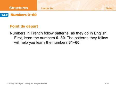 © 2015 by Vista Higher Learning, Inc. All rights reserved. 1A.2-1 Point de départ Numbers in French follow patterns, as they do in English. First, learn.