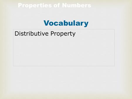 Properties of Numbers Vocabulary Distributive Property.