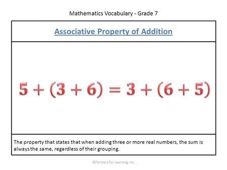 Mathematics Vocabulary - Grade 7 ©Partners for Learning, Inc. Associative Property of Addition The property that states that when adding three or more.