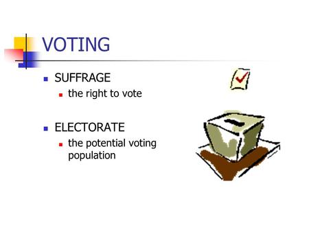 VOTING SUFFRAGE the right to vote ELECTORATE the potential voting population.