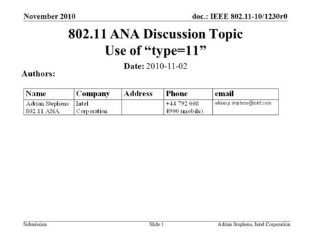 Doc.: IEEE 802.11-10/1230r0 Submission November 2010 Adrian Stephens, Intel CorporationSlide 1 802.11 ANA Discussion Topic Use of “type=11” Date: 2010-11-02.