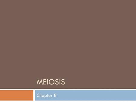 MEIOSIS Chapter 8. Chromosome Pairs  Human somatic (body) cells consist of 23 homologous chromosome pairs  Identical length, centromere position, and.
