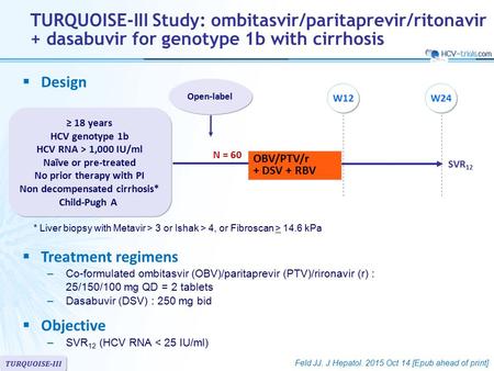  Treatment regimens –Co-formulated ombitasvir (OBV)/paritaprevir (PTV)/rironavir (r) : 25/150/100 mg QD = 2 tablets –Dasabuvir (DSV) : 250 mg bid  Objective.
