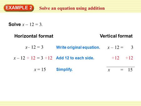 Solve an equation using addition EXAMPLE 2 Solve x – 12 = 3. Horizontal format Vertical format x– 12 = 3 Write original equation. x – 12 = 3 Add 12 to.