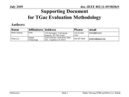 July 2009 Minho Cheong, ETRI and Peter Loc, RalinkSlide 1 Supporting Document for TGac Evaluation Methodology Authors: doc.:IEEE 802.11-09/0838r0 Submission.
