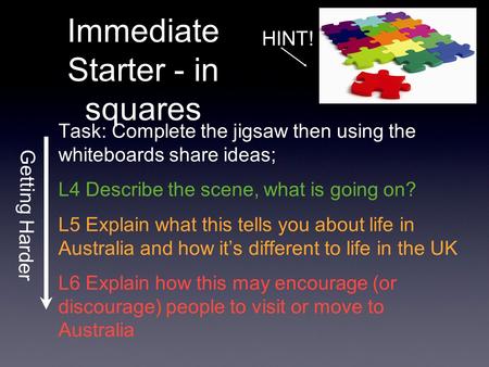 Immediate Starter - in squares Task: Complete the jigsaw then using the whiteboards share ideas; L4 Describe the scene, what is going on? L5 Explain what.