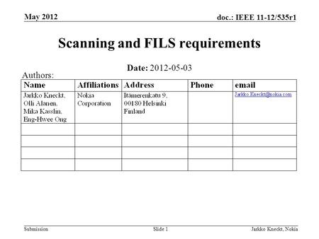 Submission doc.: IEEE 11-12/535r1 May 2012 Jarkko Kneckt, NokiaSlide 1 Scanning and FILS requirements Date: 2012-05-03 Authors: