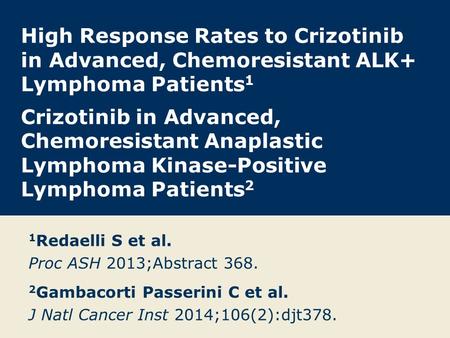 High Response Rates to Crizotinib in Advanced, Chemoresistant ALK+ Lymphoma Patients 1 Crizotinib in Advanced, Chemoresistant Anaplastic Lymphoma Kinase-Positive.