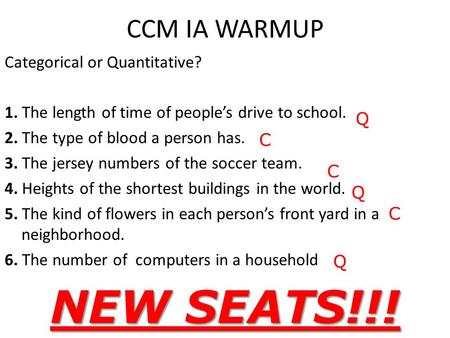 CCM IA WARMUP Categorical or Quantitative? 1. The length of time of people’s drive to school. 2. The type of blood a person has. 3. The jersey numbers.