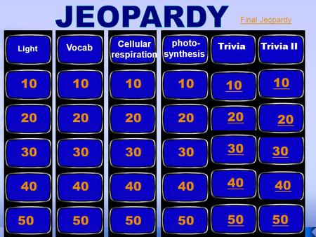 10 20 30 40 50 Trivia Light Vocab Cellular respiration photo- synthesis 10 20 30 40 50 Trivia II Final Jeopardy.