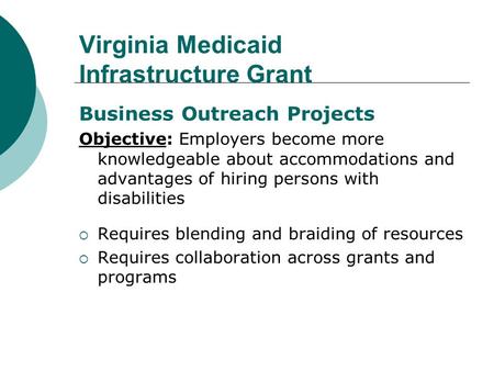 Virginia Medicaid Infrastructure Grant Business Outreach Projects Objective: Employers become more knowledgeable about accommodations and advantages of.