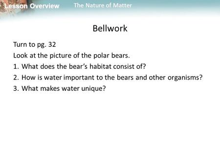 Lesson Overview Lesson Overview The Nature of Matter Bellwork Turn to pg. 32 Look at the picture of the polar bears. 1.What does the bear’s habitat consist.