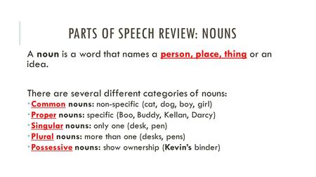 PARTS OF SPEECH REVIEW: NOUNS A noun is a word that names a person, place, thing or an idea. There are several different categories of nouns:  Common.