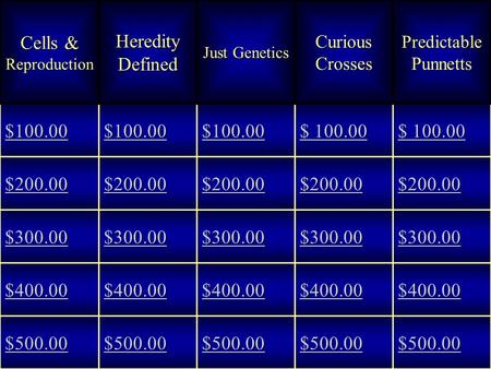 Cells & Reproduction Heredity Defined Just Genetics Curious Crosses Predictable Punnetts $100.00 $ 100.00 $ 100.00 $ 100.00 $ 100.00 $200.00 $300.00 $400.00.