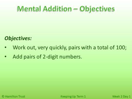 Mental Addition – Objectives