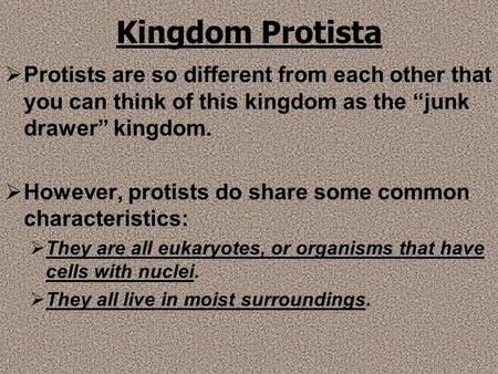 Kingdom Protista  Protists are so different from each other that you can think of this kingdom as the “junk drawer” kingdom.  However, protists do share.