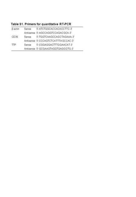 Table S1. Primers for quantitative RT-PCR β-actinSense5'-ATCTGGCACCACACCTTC-3' Antisense5'-AGCCAGGTCCAGACGCA-3' CD36Sense5'-TGGTCAAGCCAGCTAGAAA-3' Antisense5'-CCCAGTCTCATTTAGCCAC-3'