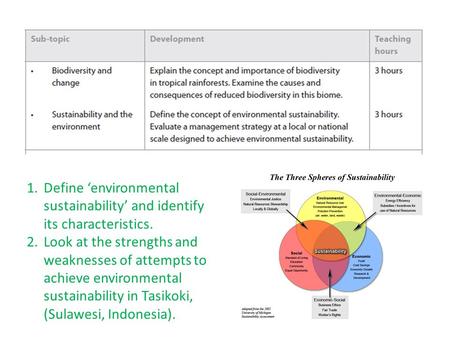1.Define ‘environmental sustainability’ and identify its characteristics. 2.Look at the strengths and weaknesses of attempts to achieve environmental sustainability.