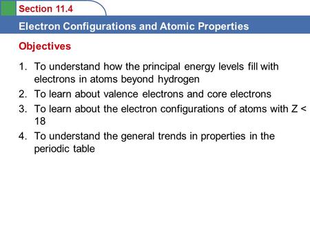 Objectives To understand how the principal energy levels fill with electrons in atoms beyond hydrogen To learn about valence electrons and core electrons.