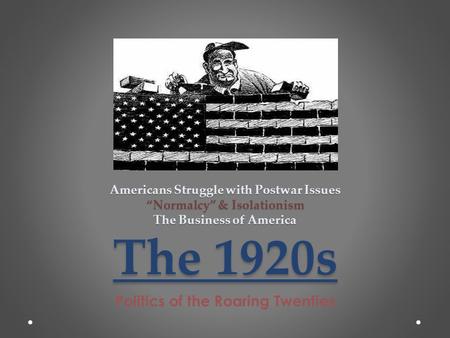 Americans Struggle with Postwar Issues “Normalcy” & Isolationism The Business of America The 1920s Politics of the Roaring Twenties.