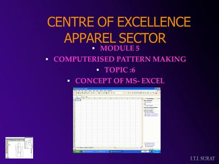 CENTRE OF EXCELLENCE APPAREL SECTOR  MODULE 5  COMPUTERISED PATTERN MAKING  TOPIC :6  CONCEPT OF MS- EXCEL.