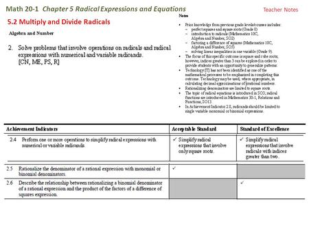 Math 20-1 Chapter 5 Radical Expressions and Equations 5.2 Multiply and Divide Radicals Teacher Notes.