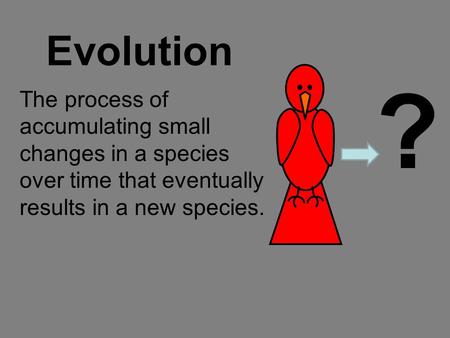 Evolution The process of accumulating small changes in a species over time that eventually results in a new species. ?