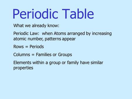 Periodic Table What we already know: Periodic Law: when Atoms arranged by increasing atomic number, patterns appear Rows = Periods Columns = Families or.