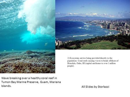2) Ecosystem service being provided directly to the population: Coral reefs causing waves to break offshore of Honolulu, Oahu, HI (capital and home to.