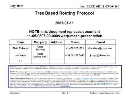 Doc.: IEEE 802.11-05/0641r0 Submission July 2005 Jan Kruys, Shah Rahman.e.a, CiscoSlide 1 Tree Based Routing Protocol 2005-07-11 NOTE: this document replaces.